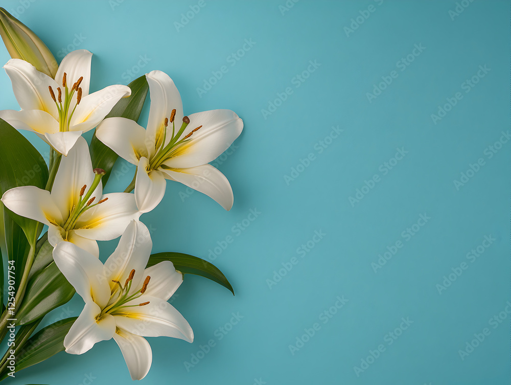 Fototapeta premium White lilies with green leaves on blue background, creating serene floral display