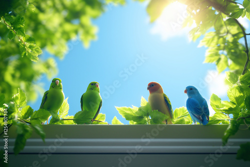 Colorful Parakeets Perched on Eaves in Sunny Spring Garden