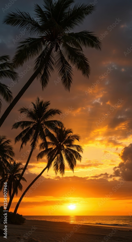 Obraz premium Tropical beach sunset with silhouetted palm trees and golden sky