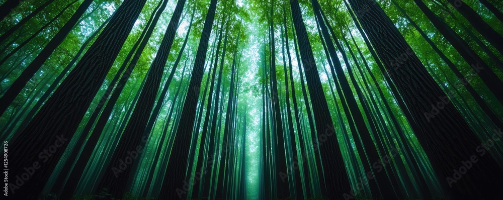 Obraz premium Glow forest idea. A serene view of towering trees and lush greenery in a peaceful forest setting.