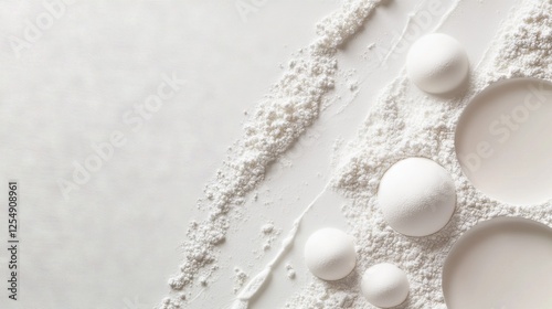 Fine cornstarch powder circle detail, gentle scattered edges, cosmetic product flatlay, pure white backdrop, high-end beauty photography, soft diffused lighting