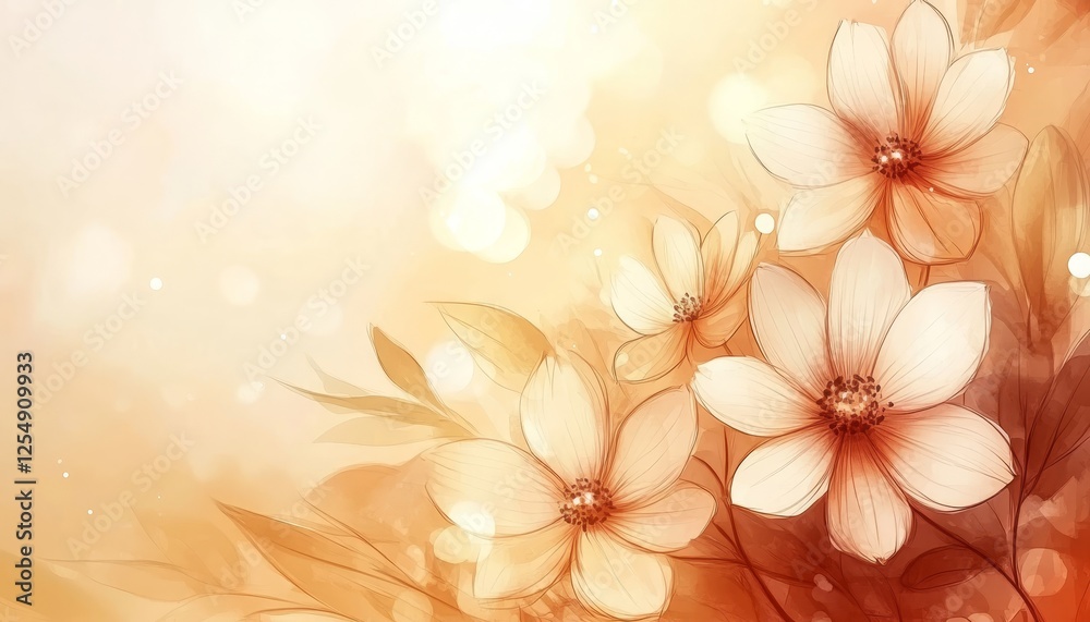 Obraz premium Delicate Elegance, Pale Orange And White Flowers, Leaves, Abstract Watercolor Background