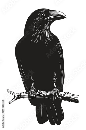 Big black raven sitting on a dry tree branch. Vector drawing of a bird isolated on a white background.