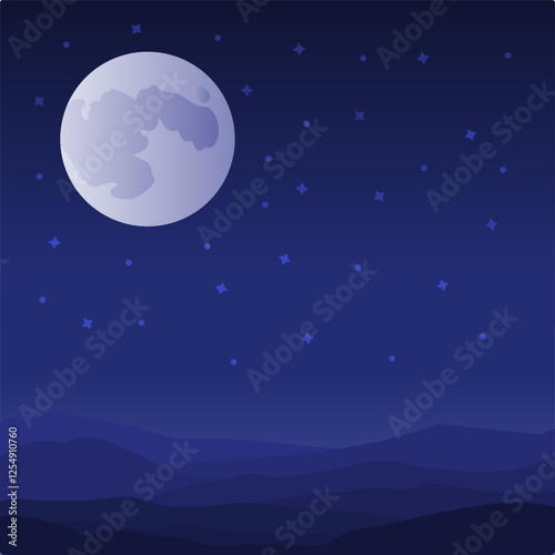 Nighttime Landscape with Moon and Mountains Vector. Beautiful Moon Night Scene Illustration.