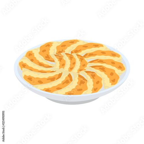 円盤型に並べて焼かれた餃子。フラットなベクターイラスト。
Gyoza grilled in a disc shape. Flat vector illustration.