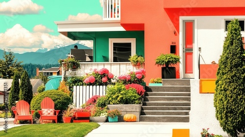 Colorful house with vibrant garden and seating photo