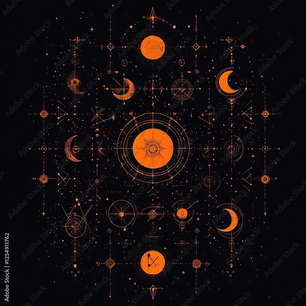 Obraz premium Celestial Cosmos and Lunar Phases Geometric Design with Mystic Astrological Elements Abstract Art