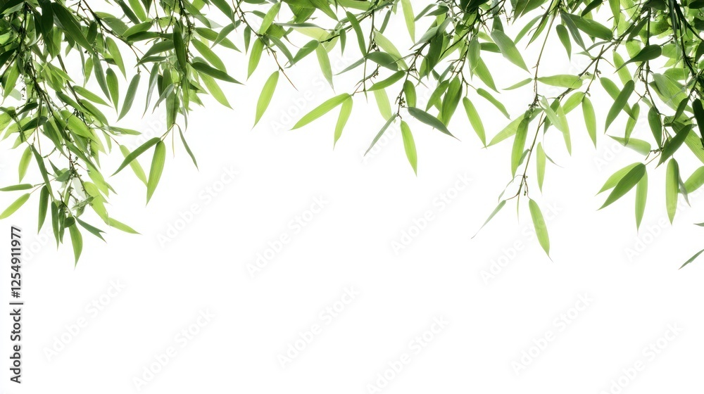 Fototapeta premium Lush green bamboo leaves border, isolated on white, nature background, website banner