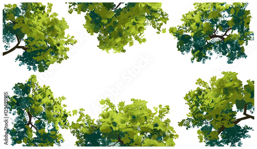 Aerial forest view, trees, 3D render, transparent background, vector illustration, bird’s eye perspective, PNG, nature, environment, green foliage, wilderness