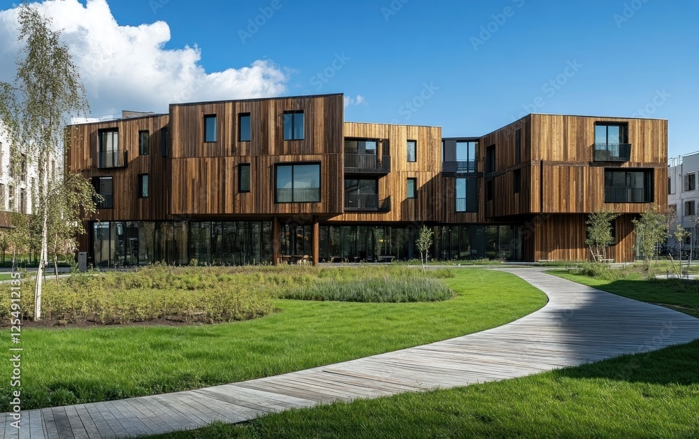 Obraz premium Modern Wooden Apartment Building with Landscaped Grounds