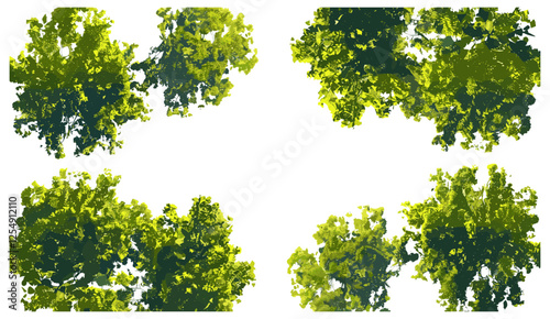 Aerial forest canopy view, 3D render, vector illustration, transparent background, PNG, top-down perspective, trees, nature, landscape, bird's eye view, environment