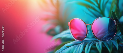 Stylish Pink Blue Gradient Sunglasses on Tropical Leaves Summer Fashion Accessory