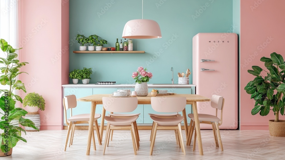Obraz premium Empty dining table with chairs in a modern pastel-themed kitchen, sleek and stylish design, spacious and bright atmosphere