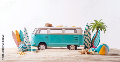 Vintage Teal Camper Van on Sandy Beach with Surfboards Beach Balls Palm Tree