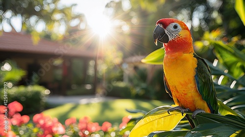 Parrot in tropical garden, sunny morning, relaxation, vacation photo