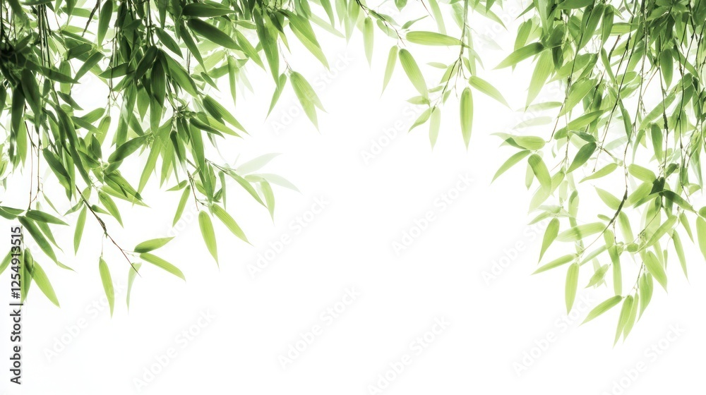 Obraz premium Lush green bamboo leaves frame; white background; nature; design