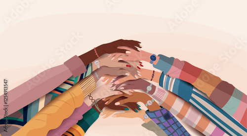 Hands stacked group of multicultural women.Diversity - inclusion - equality or empowerment. International women s day. Banner copy space