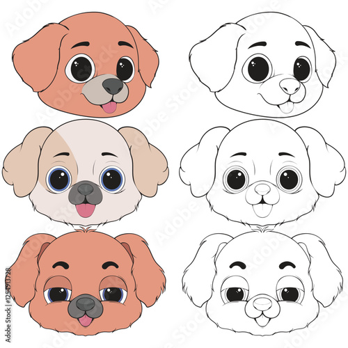 Bundling set Head Dog Character Illustration, Coloring Book Page with Dog, Isolated Head Dog with white Background.