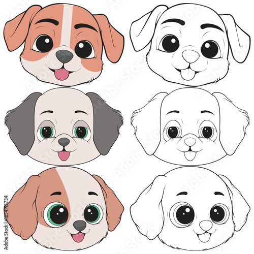 Bundling set Head Dog Character Illustration, Coloring Book Page with Dog, Isolated Head Dog with white Background.