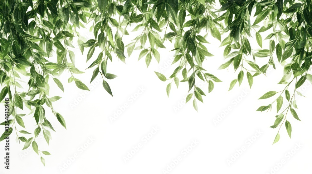 Obraz premium Green leaves border, hanging, white background, nature design
