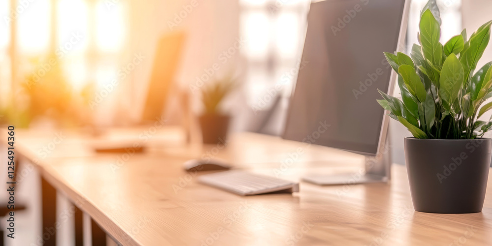 Fototapeta premium Modern office desk with computer and green plant on sunny day workspace productivity tranquility