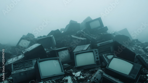 Pile of vintage televisions in foggy junkyard for nostalgic atmospheric concept with retro technology