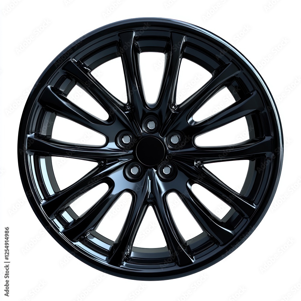 Fototapeta premium Black alloy wheel design, isolated on white. Car part for automotive industry