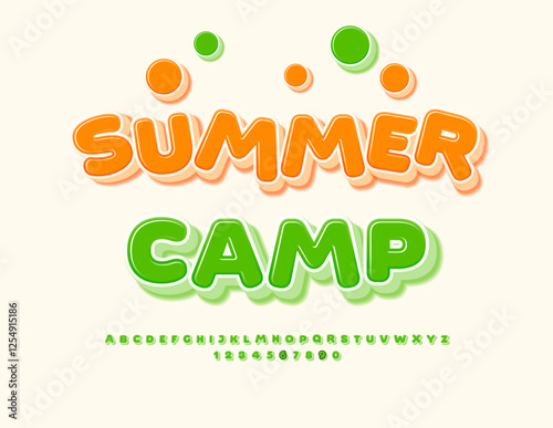 Vector Children's banner Summer Camp. Round Green 3D Font. Kids Alphabet Letters and Numbers set.