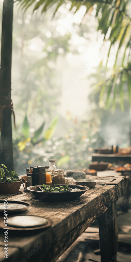 Rustic Outdoor Dining Table in Tropical Garden Setting with Plates and Breakfast Items Rustic Outdoor Dining Table in Tropical Garden Setting with Plates and Breakfast Items