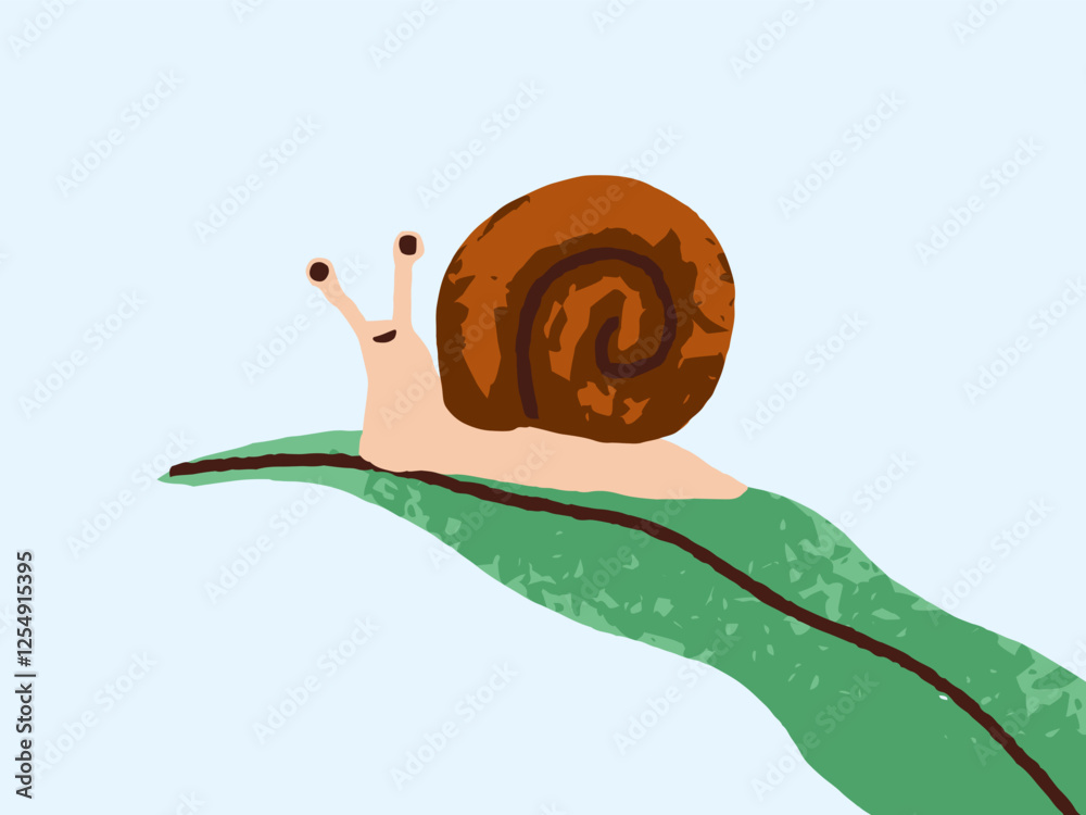 Snail crawling on leaf plant. Cute adorable garden animal with spiral shell in nature. Calm slow happy mollusk character, little small fauna. Flat vector illustration isolated on white background