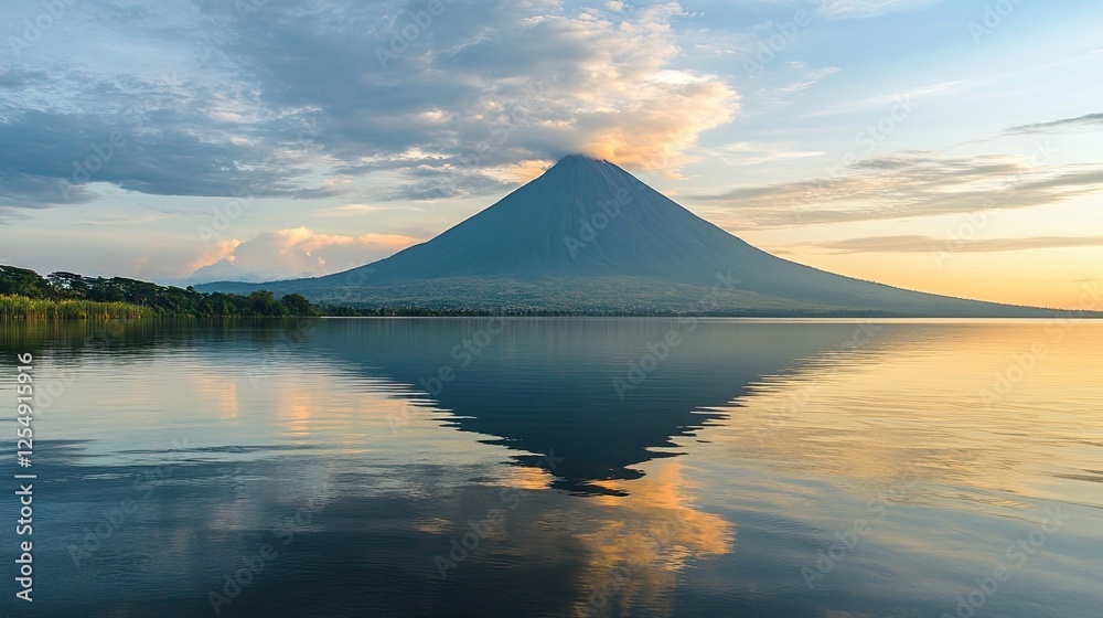 Volcanic mountain reflecting in calm lake waters at sunrise.