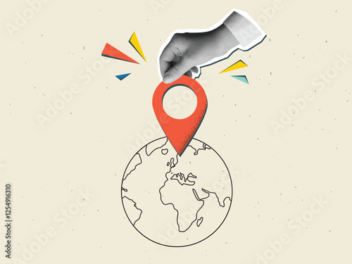 Hand puts a red pin location marker a planet Earth. Modern collage style. Vector illustration