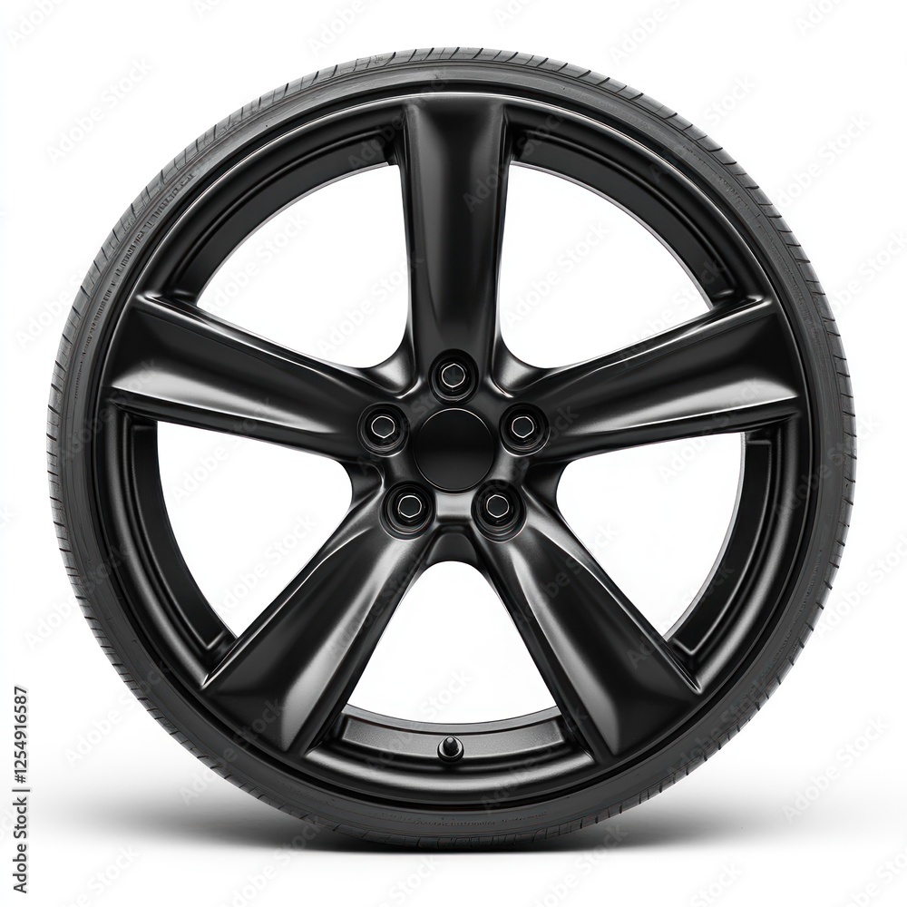 Black alloy wheel with tire, isolated on white. Automotive part image for online catalog Black alloy wheel with tire, isolated on white. Automotive part image for online catalog