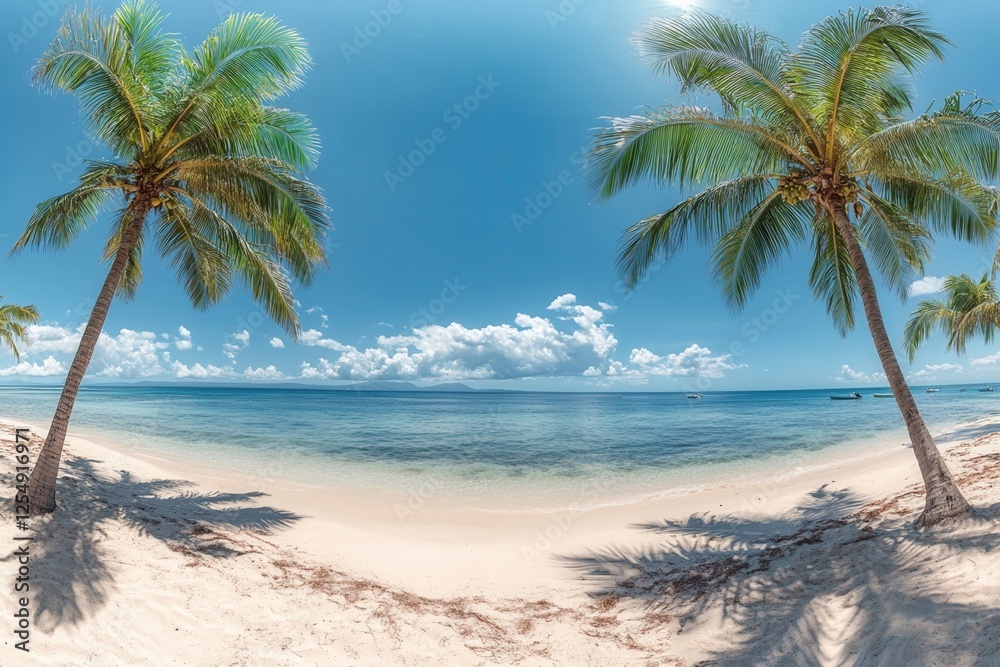 Obraz premium Tropical beach with palm trees and clear sea.