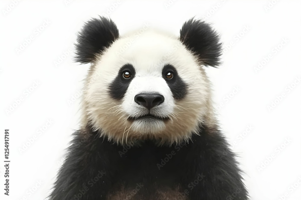 An adult panda sits on a white background and looks at the camera An adult panda sits on a white background and looks at the camera