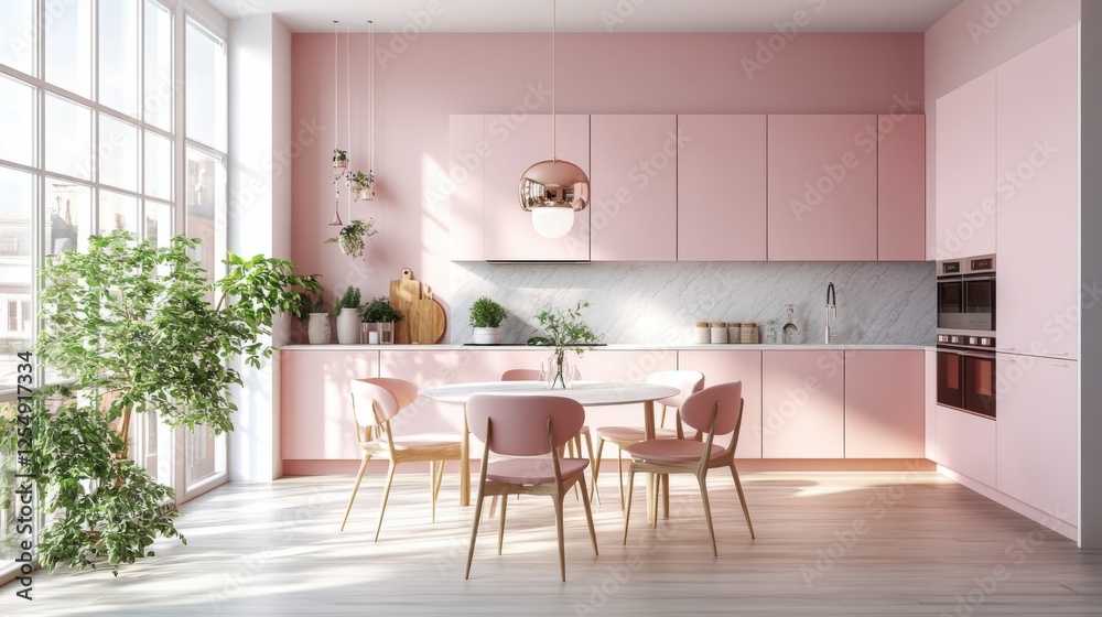 Empty dining table with chairs in a modern pastel-themed kitchen, sleek and stylish design, spacious and bright atmosphere Empty dining table with chairs in a modern pastel-themed kitchen, sleek and stylish design, spacious and bright atmosphere