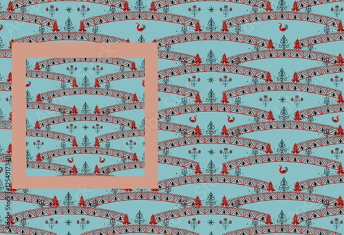 
Geometric natural folk seamless pattern. Cultural Slavic symbol of spring. Red black wallpaper texture on a blue background
