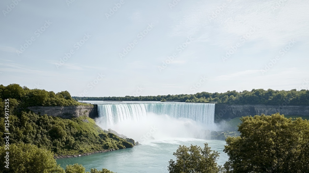 Fototapeta premium Elegant Niagara Falls viewed from the border with both Canadian and American flags flying on opposite sides under dramatic clouds and misty spray 