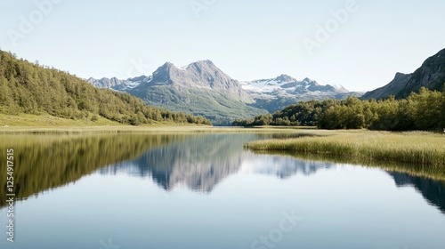 Elegant Mountain lake reflecting snow capped peaks and fresh greenery with kayaks and hikers enjoying the crisp spring air 