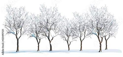 Bare trees, snow-covered landscaping, icy coldness, winter nature, frozen scenery, vector illustration, transparent background, cold environment, frost, chilly outdoors