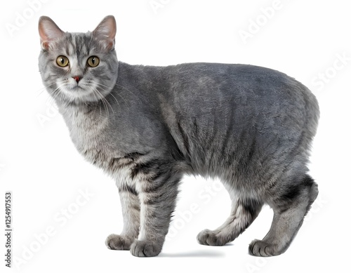 A Manx cat stands on a white background and looks at the camera
