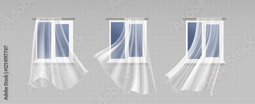 Curtain window wind composition with translucent white drapes fluttering at clean pvc frames. Sheer textile panels mounted on metal rods with realistic fabric movement. Set of blowing drapery.