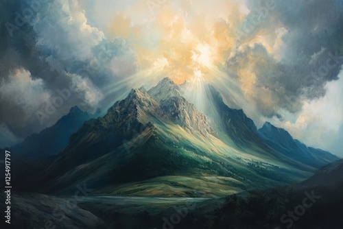 Dramatic sunlight breaks through clouds over rugged mountain landscape at dusk