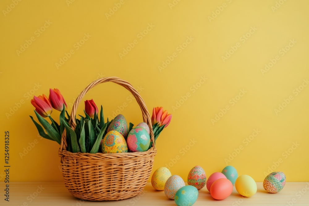 Colorful Easter Eggs and Spring Tulips in a Woven Basket on a Bright Yellow Background for Festive Celebrations. Colorful Easter Eggs and Spring Tulips in a Woven Basket on a Bright Yellow Background for Festive Celebrations.