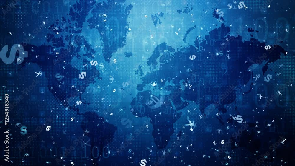 Global Currency Market Visualization with Digital Symbols and Binary Data Overlapping a Stylized World Map - Abstract Digital Economy Concept