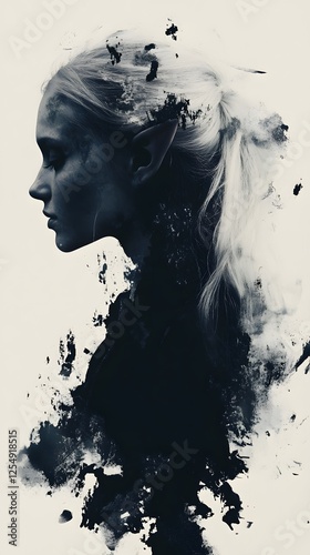 A black and white ink painting of the silhouette of an elegant woman
