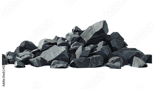 Black rocks stones pile 3D render, PNG transparent backgrounds, vector illustration, ground bottom cutout, rock cluster, landscape stones, crushed gravel, construction material