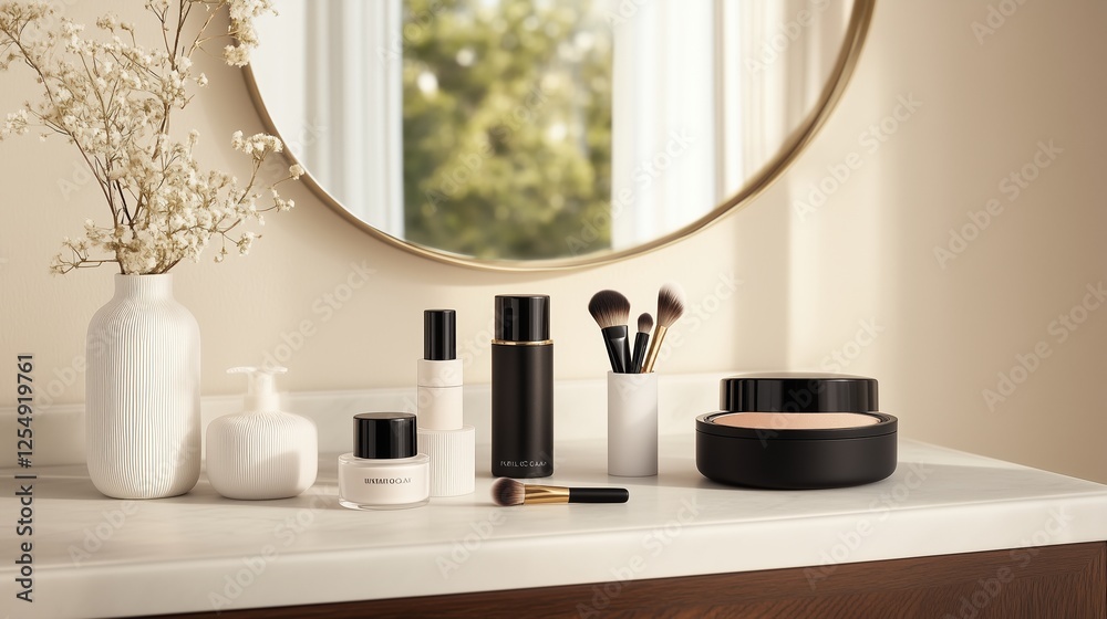 Makeup products arranged elegantly on a bathroom counter with natural light filtering through a window in a modern setting Makeup products arranged elegantly on a bathroom counter with natural light filtering through a window in a modern setting