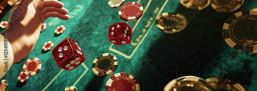 Casino banner. Thrilling Casino Dice Game Red Dice and Chips Falling on Green Felt Table
