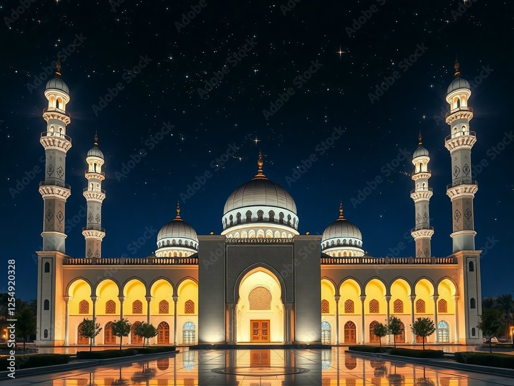 Obraz premium A magnificent mosque illuminated at night, showcasing its stunning architecture and intricate details under a starry sky. A captivating blend of faith, art, and culture
